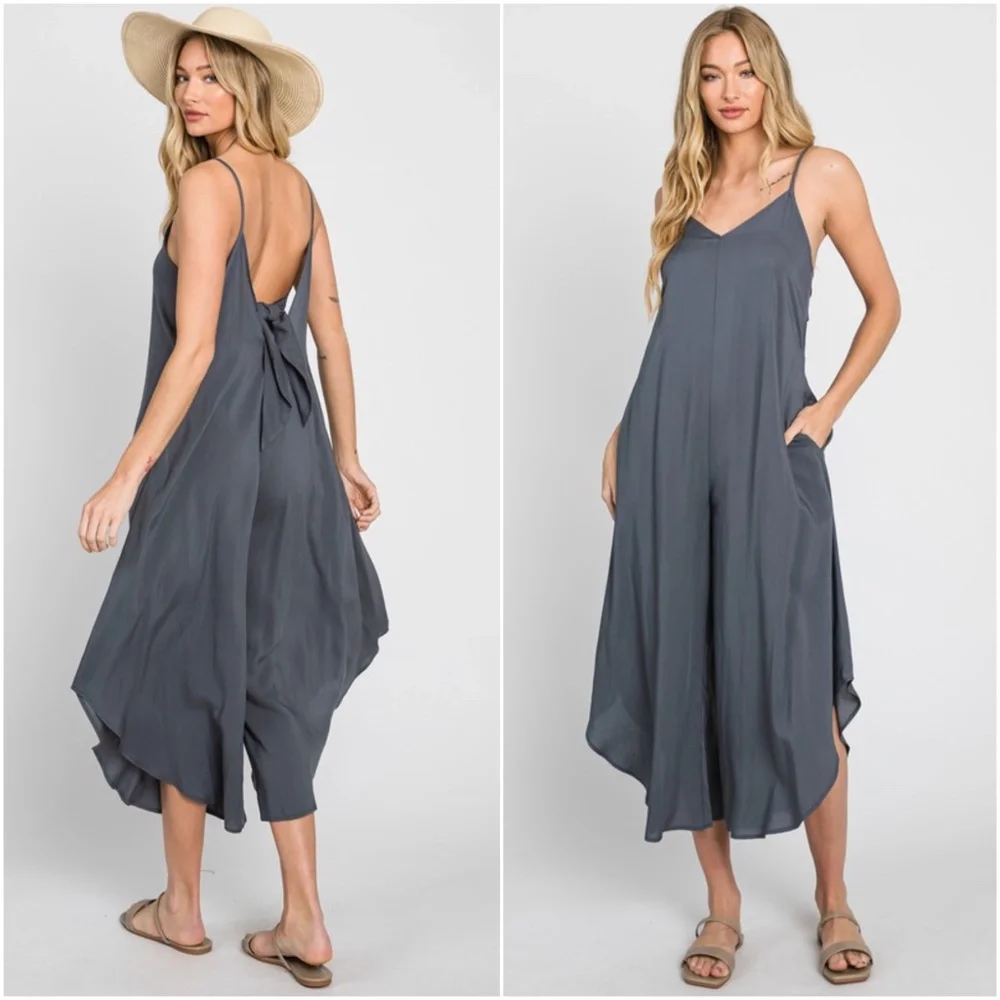 063 Solid Back Tie Cut out Wide Leg Cami Jumpsuit - Picture 4 of 5